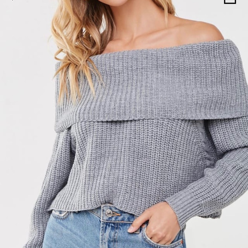 gray ribbed off the shoulder sweater